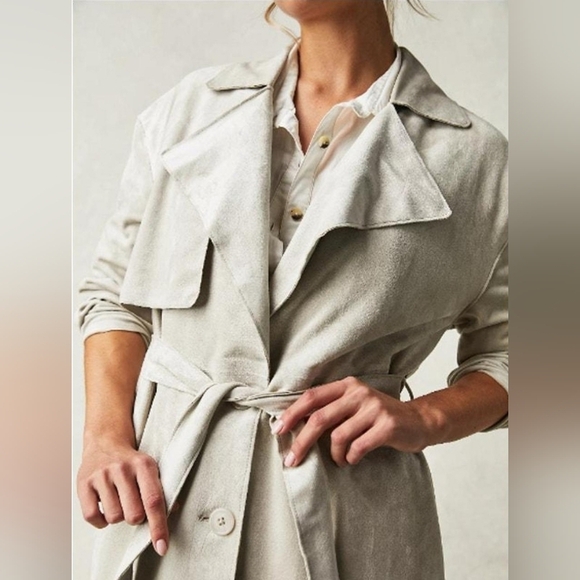 FREE PEOPLE X BLANK NYC Vegan Suede Wrap Trench Coat Iced Chai Women XL NWT - Picture 3 of 16